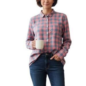 J. Crew Popover Shirt Top Boyfriend Fit Women M Faded Blue Salmon Pink Check L/S